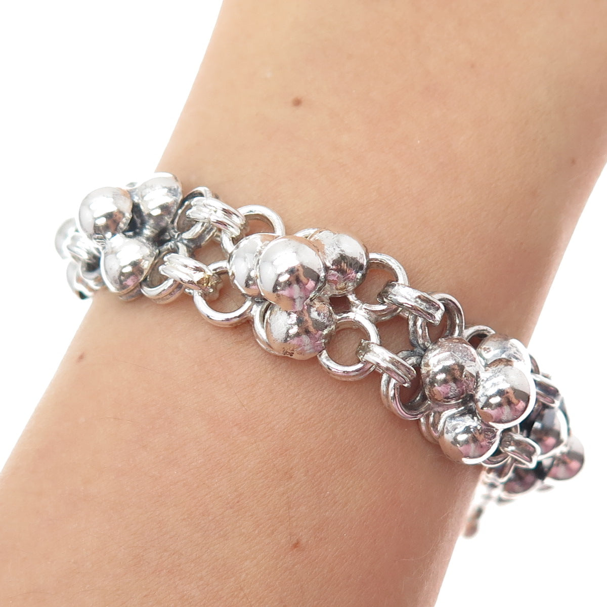 925 Sterling Silver Vintage Mexico Modernist Flower Beaded Bracelet 7.25"