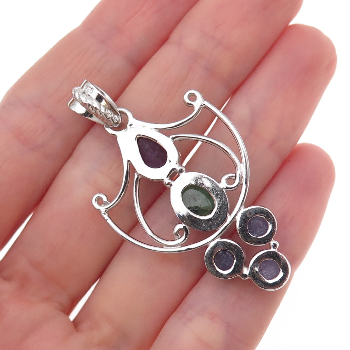 925 Sterling Silver Vintage Real Ruby Emerald & Tanzanite Modernist Pendant