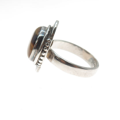 925 Sterling Silver Vintage Real Tiger Eye Modernist Oxidized Ring Size 8.25