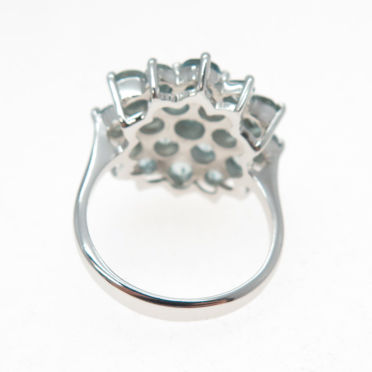 925 Sterling Silver Real Round-Cut Blue Topaz Flower Cluster Ring Size 7.5