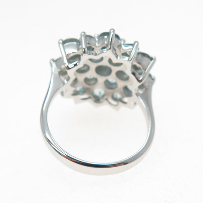 925 Sterling Silver Real Round-Cut Blue Topaz Flower Cluster Ring Size 7.5