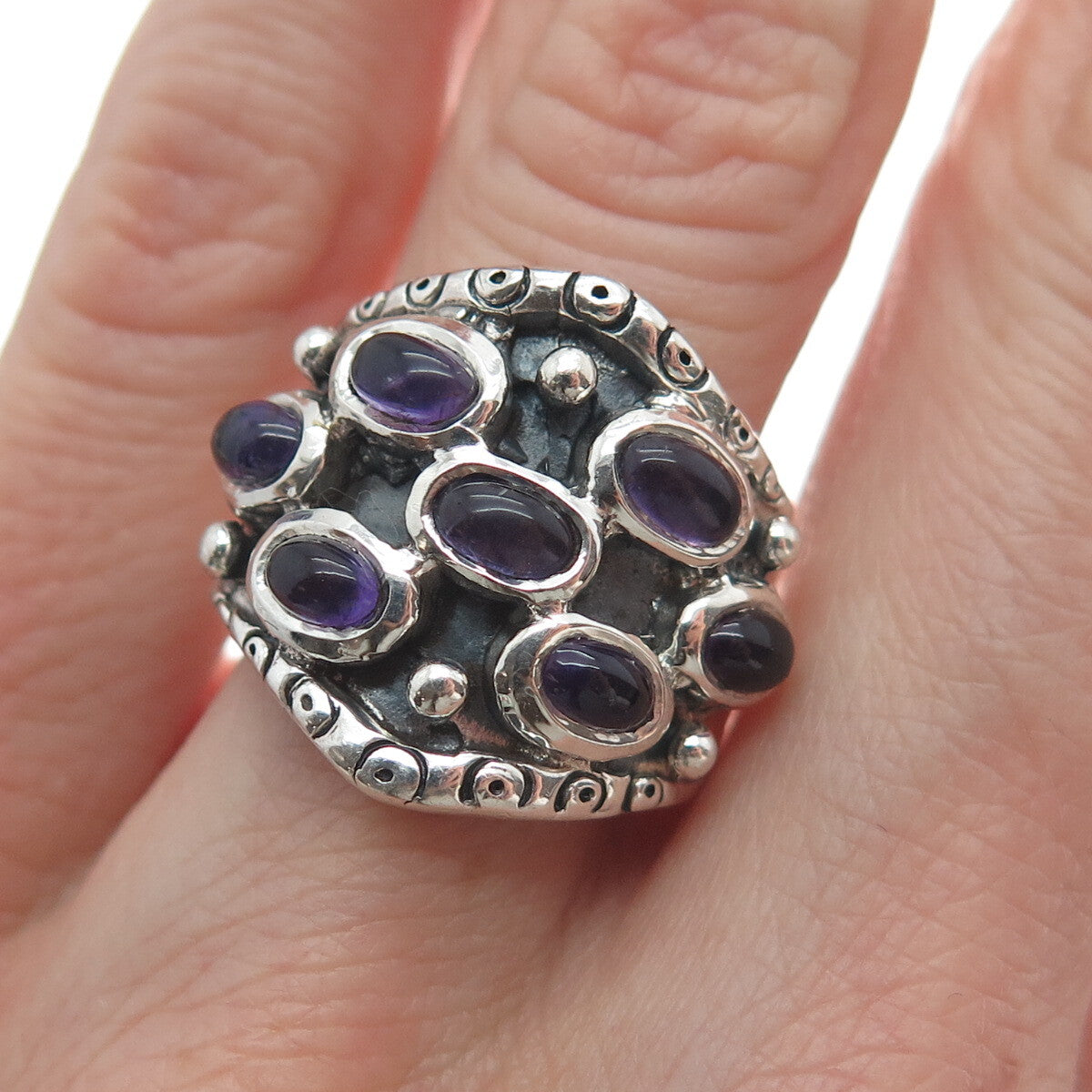 925 Sterling Silver Vintage Real Amethyst Modernist Oxidized Ring Size 5.5
