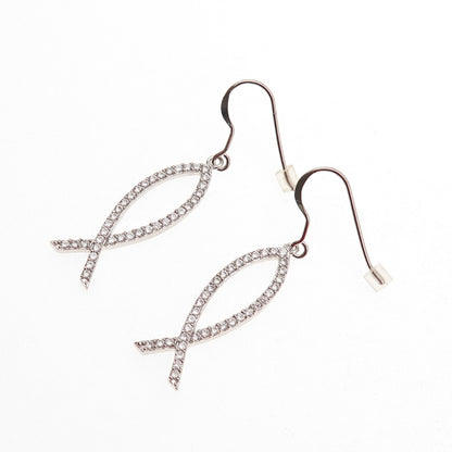 925 Sterling Silver Round-Cut C Z Pisces Zodiac Sign Dangle Earrings