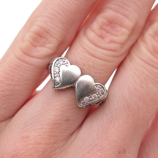 925 Sterling Silver Round-Cut C Z Couple Heart Oxidized Ring Size 6