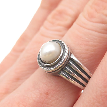 925 Sterling Silver Vintage Real Pearl Modernist Oxidized Ring Size 7
