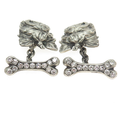 925 Sterling Silver Vintage Real Round-Cut Diamond Yorkshire Terrier Cufflinks