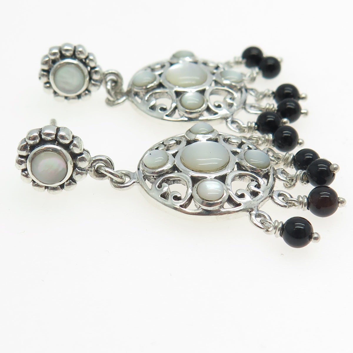 925 Sterling Silver Vintage Real Mother-of-Pearl & Black Onyx Dangling Earrings