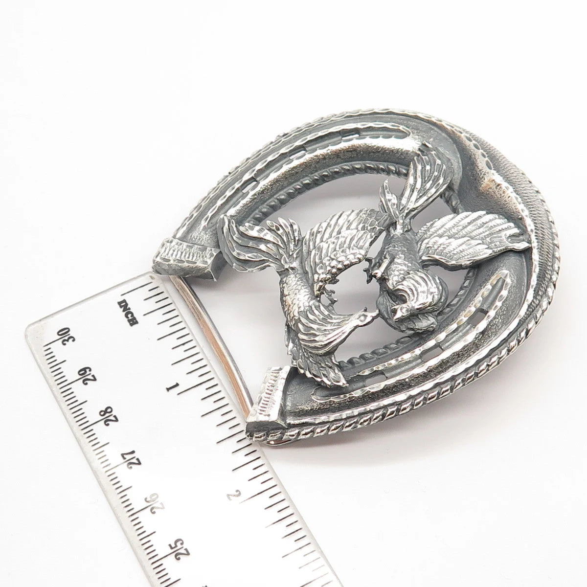 925 Sterling Silver Vintage Mexico Plata Horseshoe & Phoenix Birds Pin Brooch