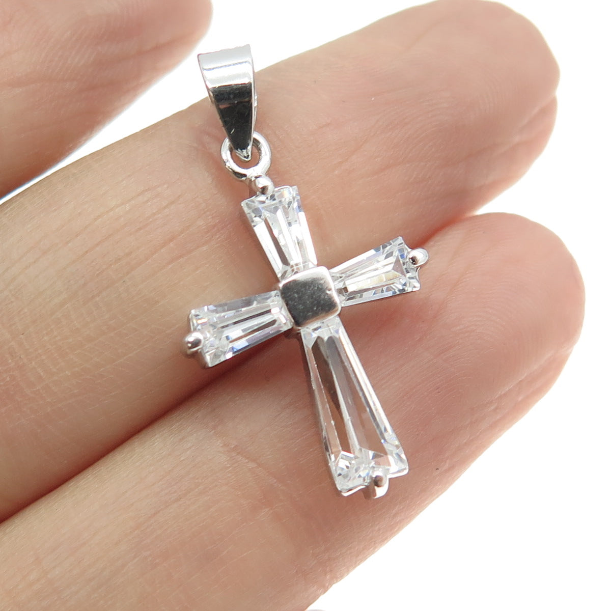 925 Sterling Silver Tapered Baguette Cut Shaped C Z Cross Pendant