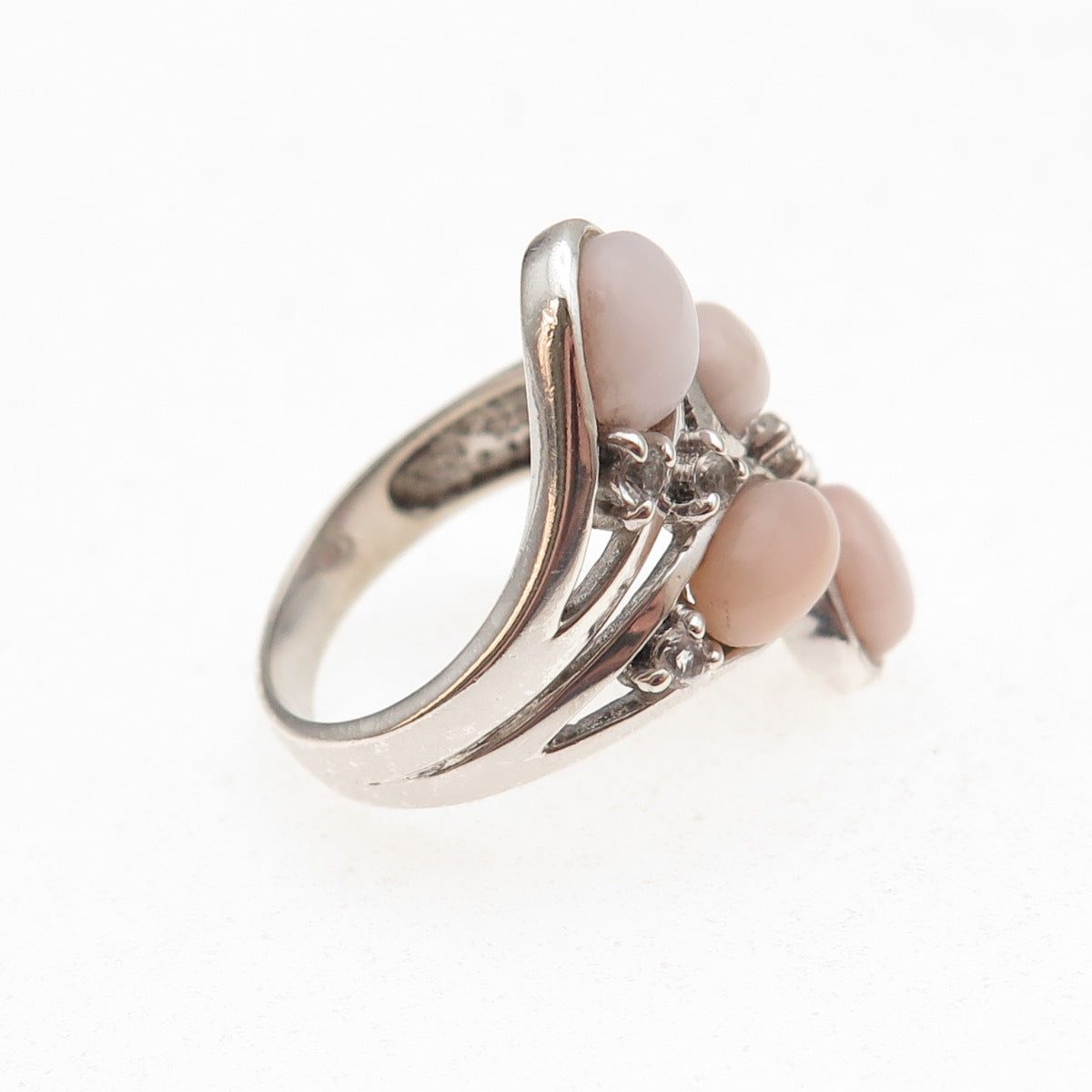 925 Sterling Silver Vintage Real Rose Quartz & C Z Modernist Ring Size 7