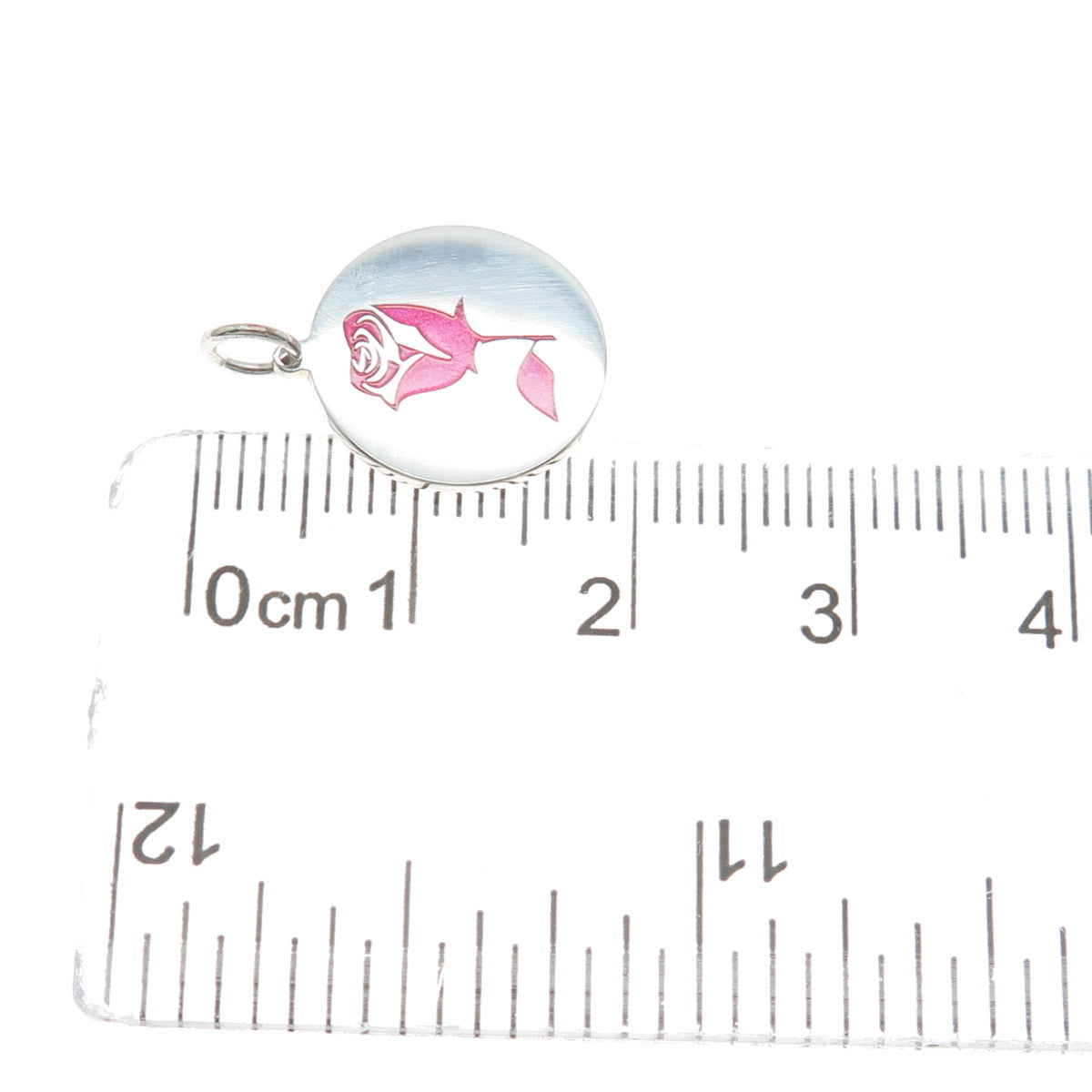 925 Sterling Silver Pink Enamel Rose Flower Round Tag Minimalist Charm Pendant