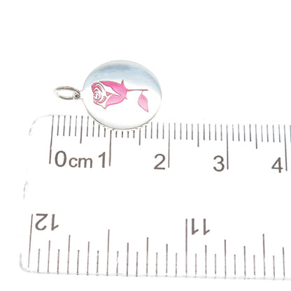 925 Sterling Silver Pink Enamel Rose Flower Round Tag Minimalist Charm Pendant