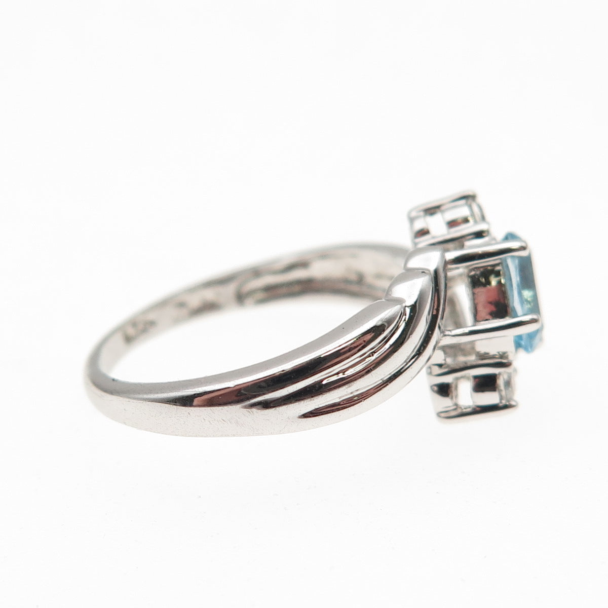 925 Sterling Silver Real Blue Topaz & C Z Bypass Ring Size 6