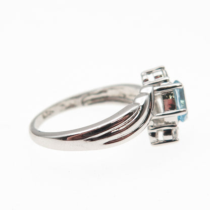925 Sterling Silver Real Blue Topaz & C Z Bypass Ring Size 6