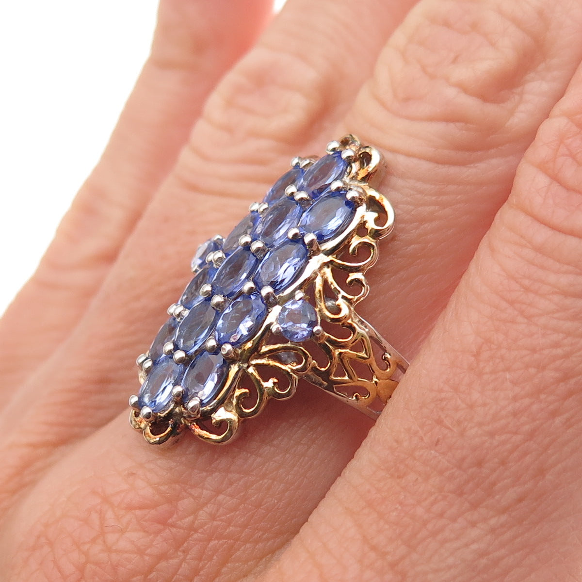 Chuck Clemency 925 Sterling Silver 2-Tone Real Tanzanite Floral Ring Size 8.25