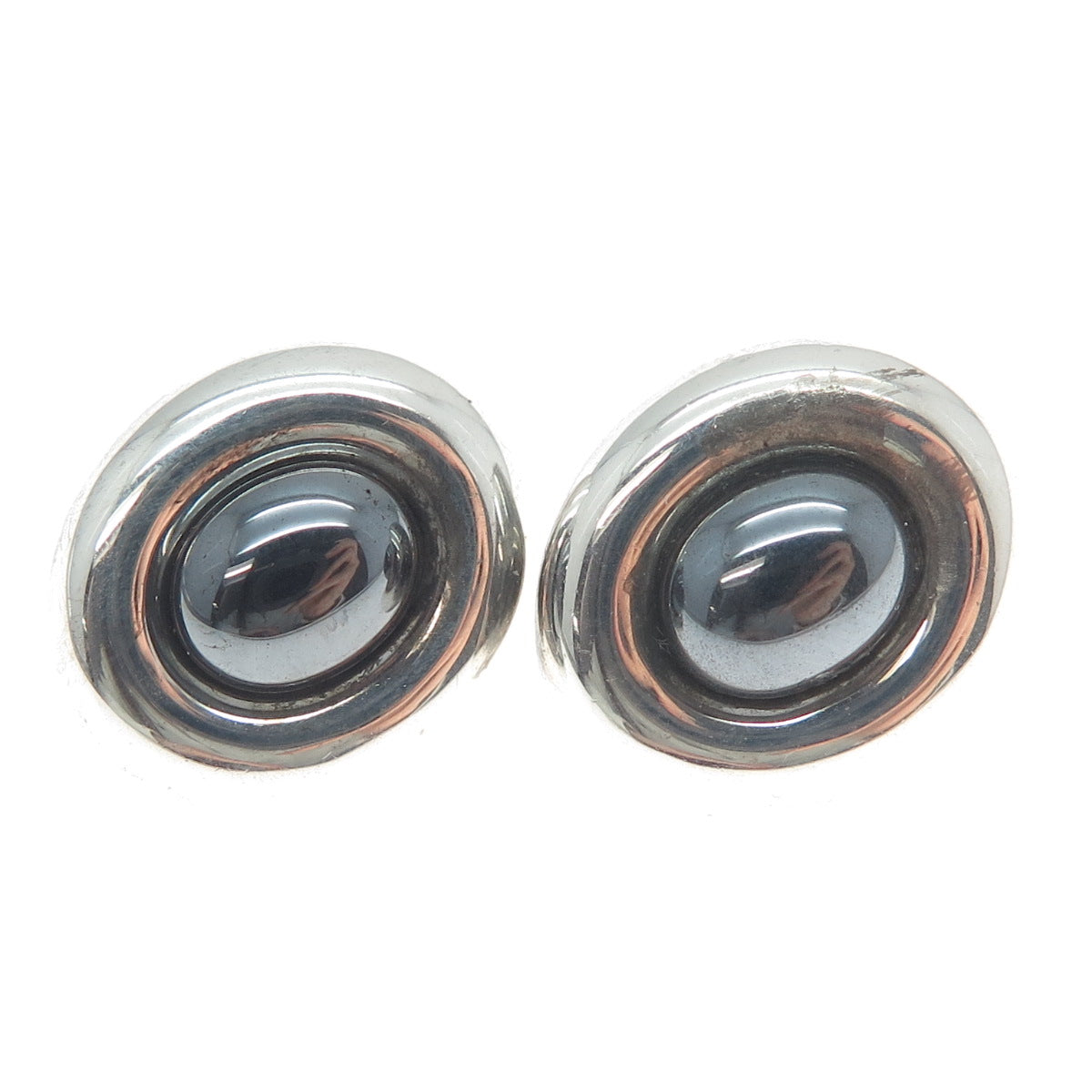 BARRA Sterling Silver & 14K Gold Posts Vintage Real Hematite Modernist Earrings