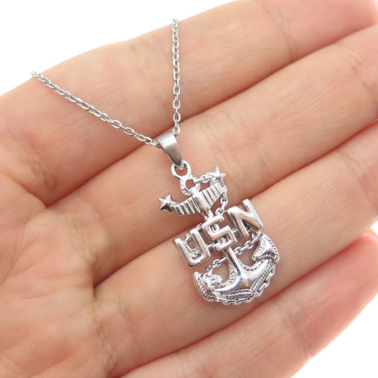 925 Sterling Silver US Navy Anchor Cable Chain Necklace 18"