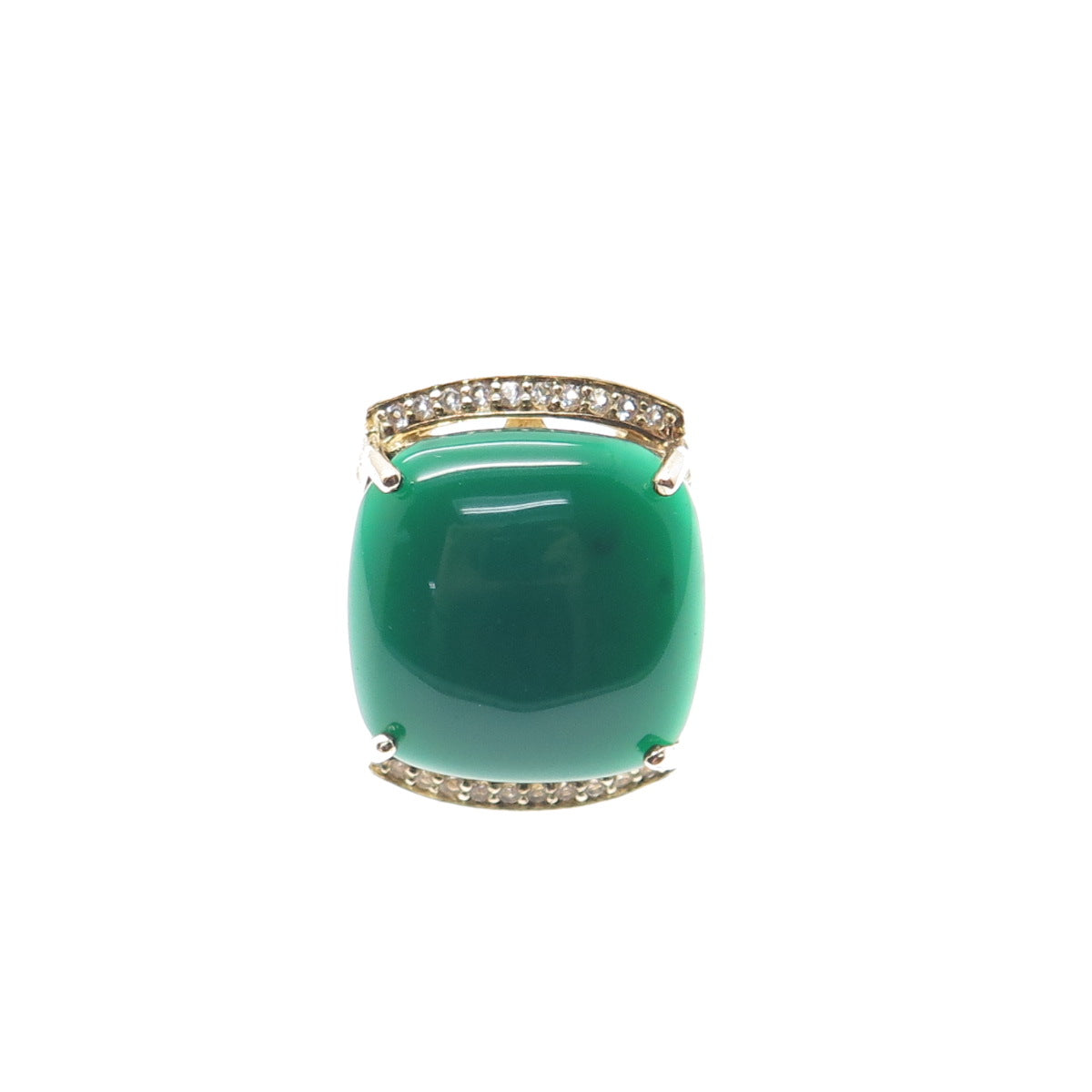 925 Sterling Gold Plated Real Green Onyx & White Topaz Statement Ring Size 6.25