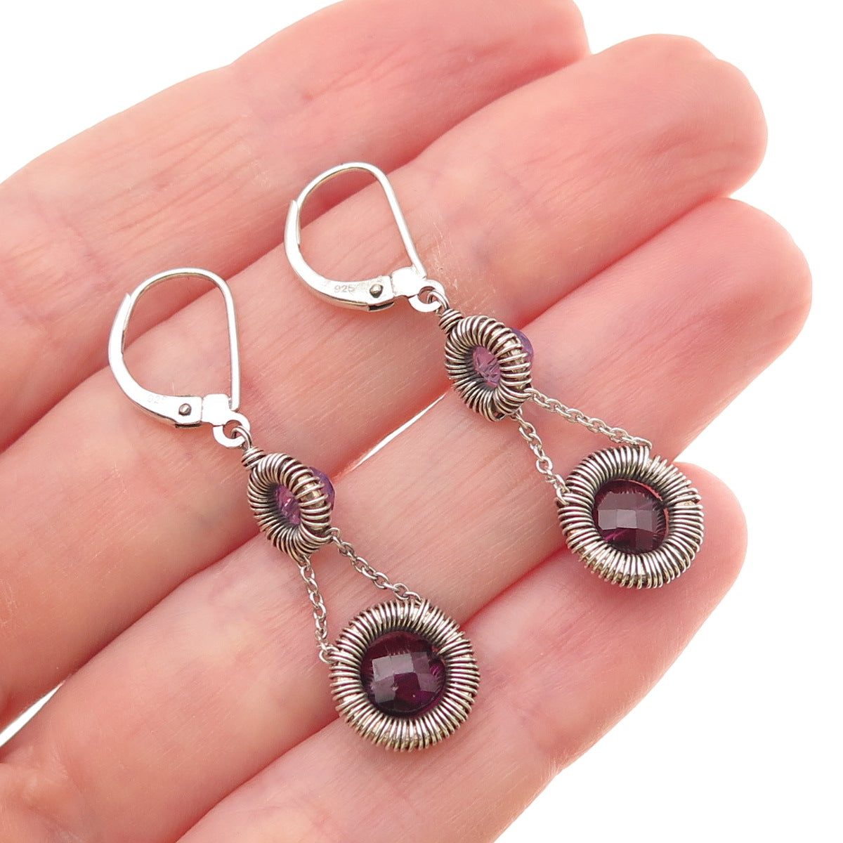Atelier 925 Sterling Silver Vintage Real Rhodolite & Amethyst Dangle Earrings