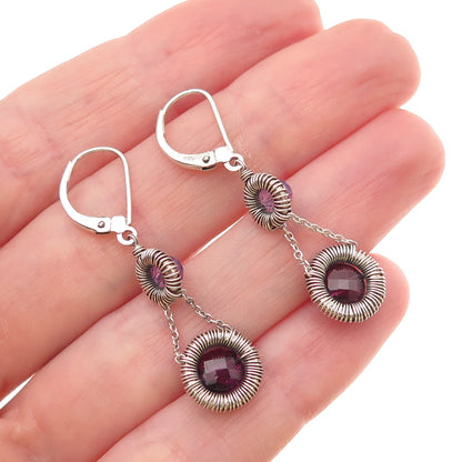Atelier 925 Sterling Silver Vintage Real Rhodolite & Amethyst Dangle Earrings
