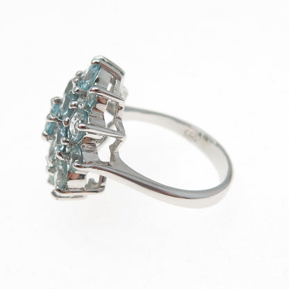 925 Sterling Silver Real Round-Cut Blue Topaz Flower Cluster Ring Size 7.5