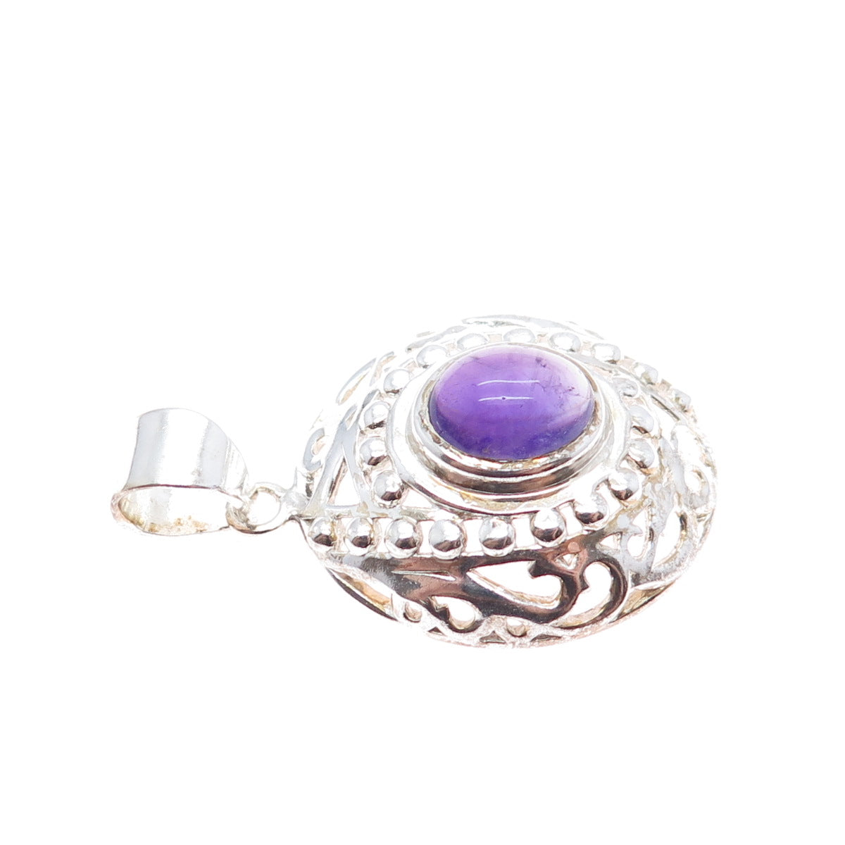 925 Sterling Silver Vintage Real Oval-Cut Amethyst Beaded Charm Pendant