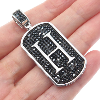 925 Sterling Silver Real Round-Cut Black Spinel Letter H Initial Tag Pendant