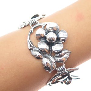 925 Sterling Silver Antique Art Deco Flower Blossom Oxidized Bracelet 7"