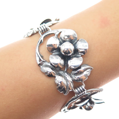 925 Sterling Silver Antique Art Deco Flower Blossom Oxidized Bracelet 7"