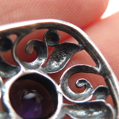 925 Sterling Silver Vintage Real Amethyst Floral Oxidized Dangle Earrings