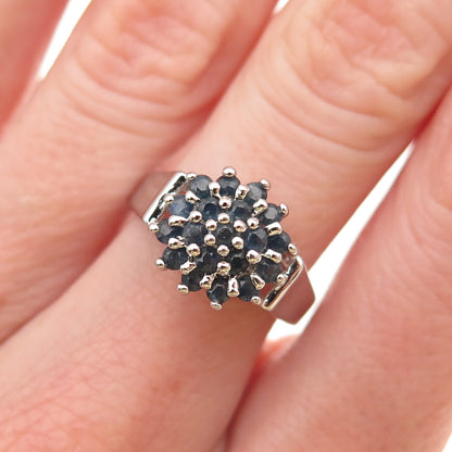 925 Sterling Silver Real Round-Cut Sapphire Floral Ring Size 6.75