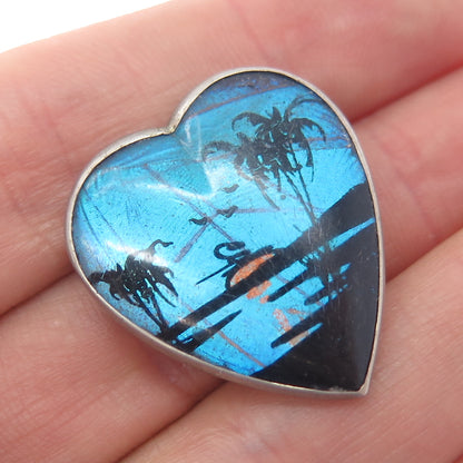 Silver-Tone Antique Art Deco Monarch Butterfly Wing Sunset Heart Pin Brooch