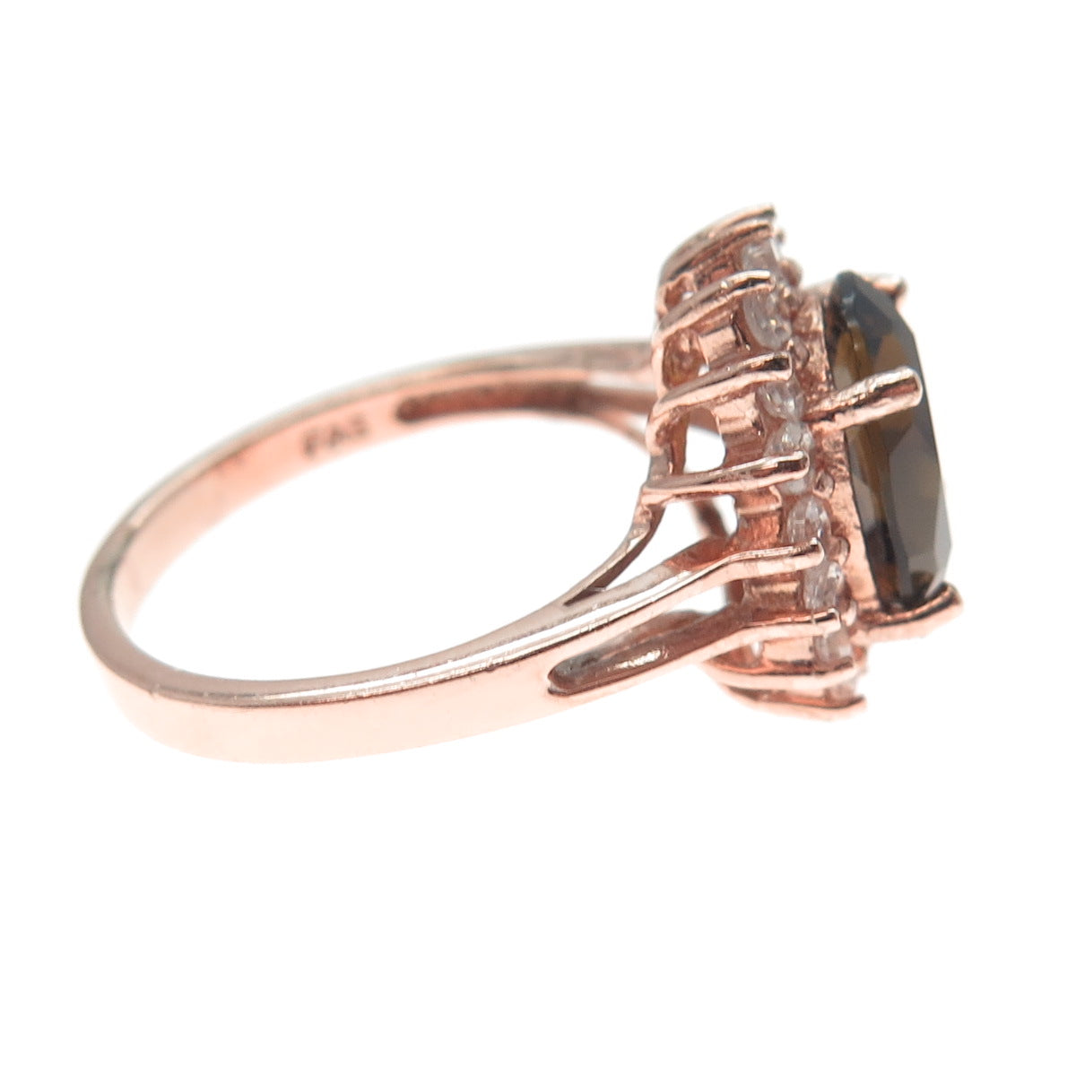 925 Sterling Silver Rose Gold Plated Real Smoky Quartz & C Z Ring Size 7.5