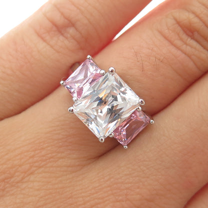 925 Sterling Silver Radiant-Cut Pink & White C Z Ring Size 6.25