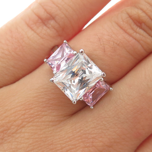 925 Sterling Silver Radiant-Cut Pink & White C Z Ring Size 6.25
