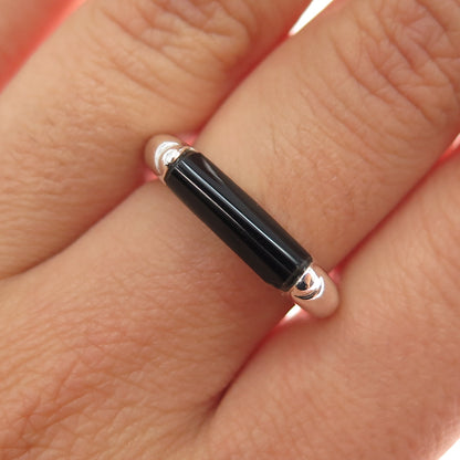 925 Sterling Silver Vintage Real Black Onyx Modernist Ring Size 7