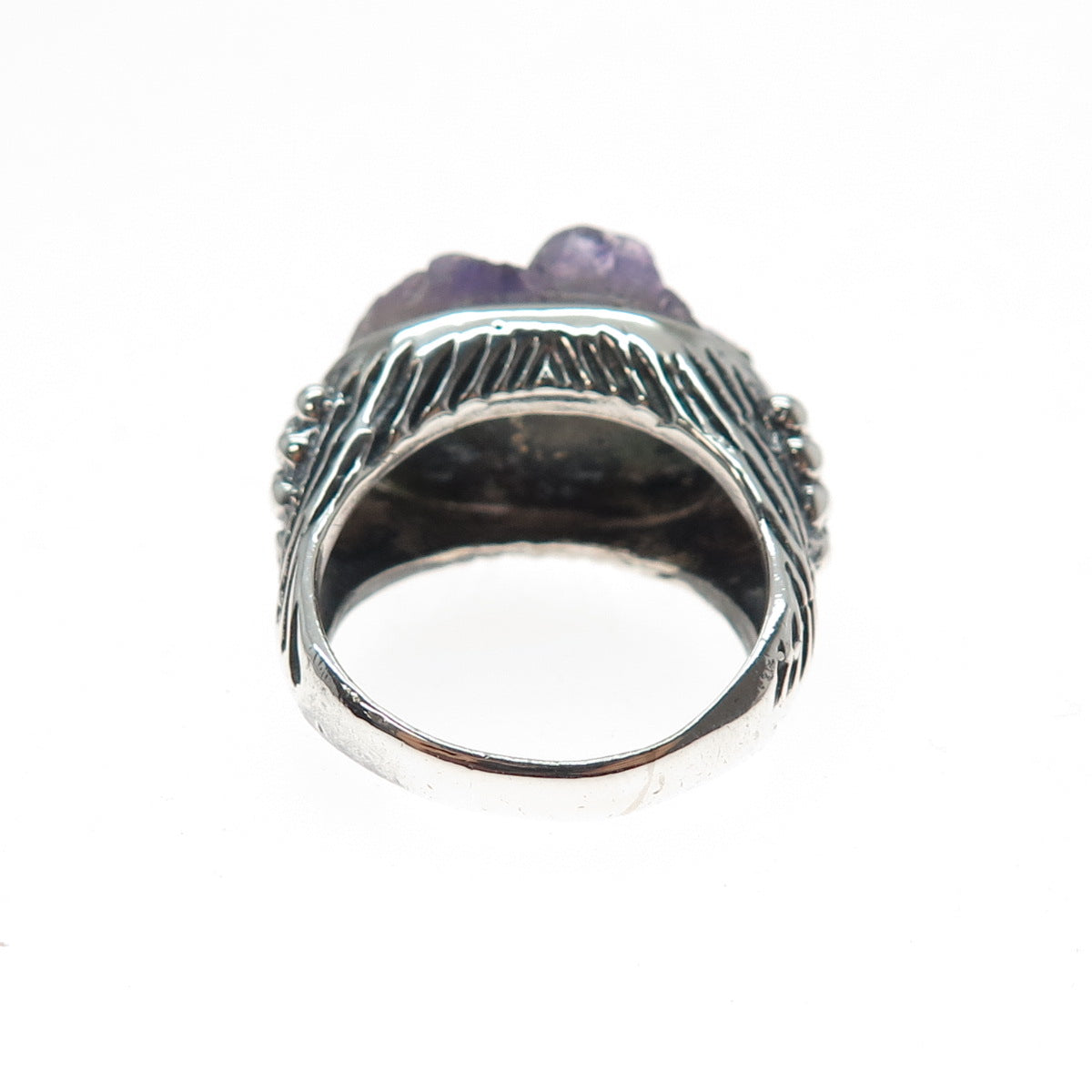 925 Sterling Silver Vintage Real Amethyst Modernist Beaded Ring Size 6.75