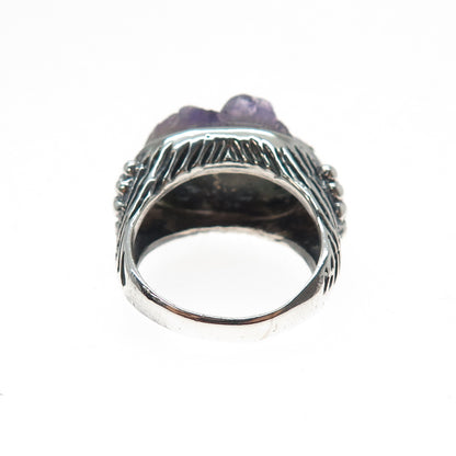 925 Sterling Silver Vintage Real Amethyst Modernist Beaded Ring Size 6.75