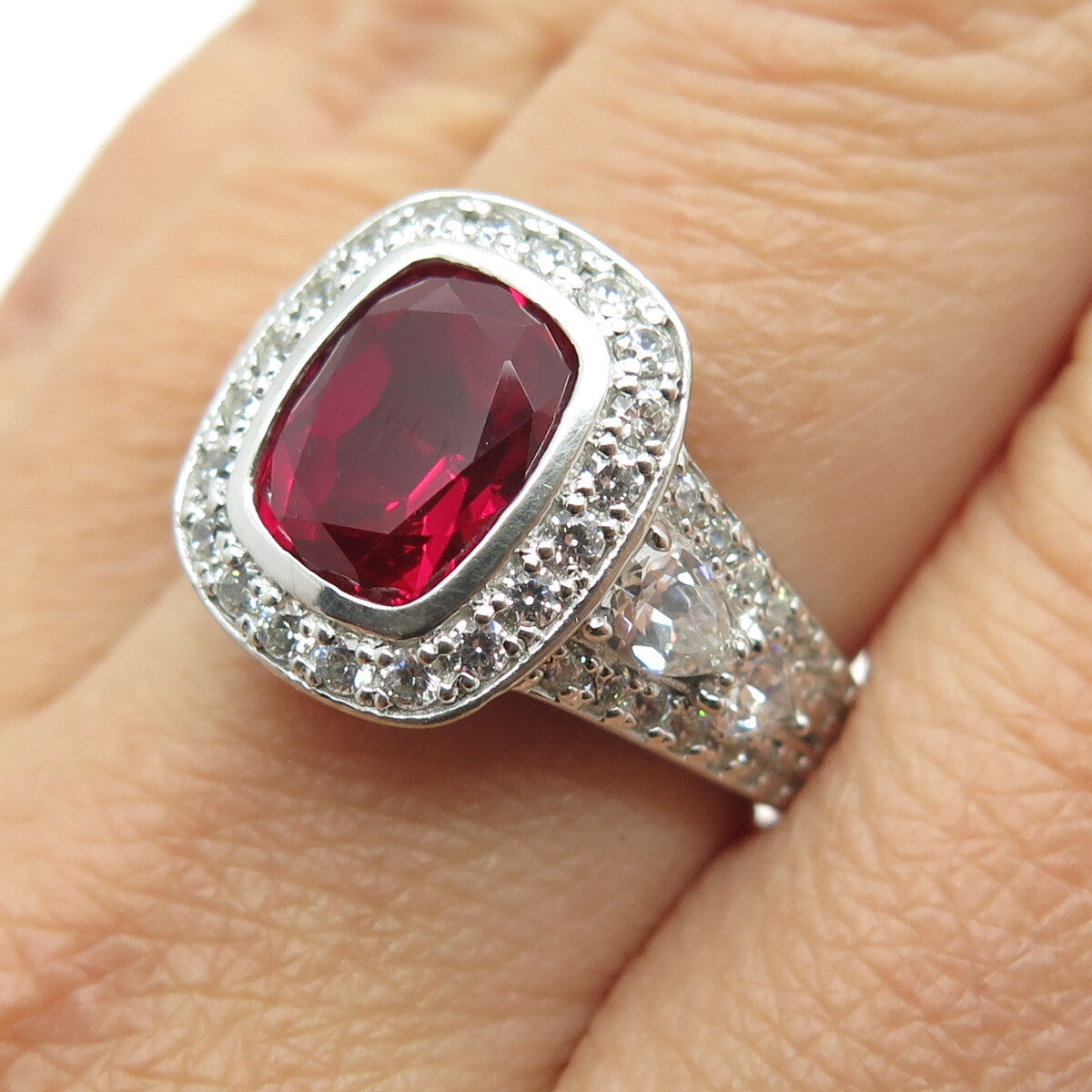 925 Sterling Silver Lab-Created Ruby & C Z Ring Size 8.25