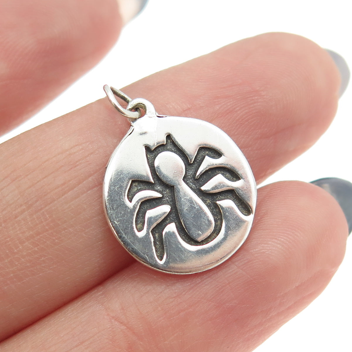 925 Sterling Silver Vintage Spider Round Tag Charm Pendant