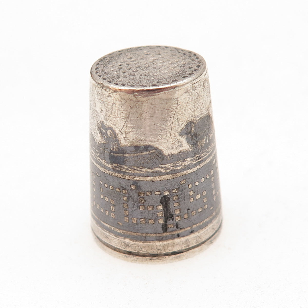 925 Sterling Silver Antique Art Deco Niello Oxidized Sewing Thimble