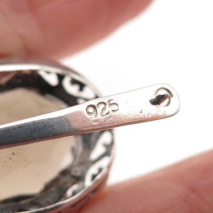 925 Sterling Silver Vintage Real Smoky Quartz Heart Ornate Bezel Earrings