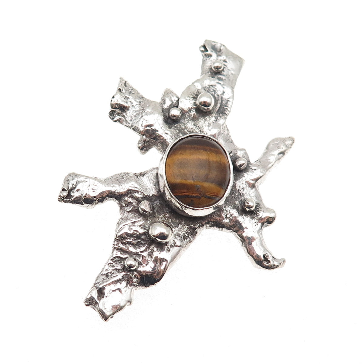 925 Sterling Silver Vintage Real Tiger Eye Modernist Oxidized Pin Brooch