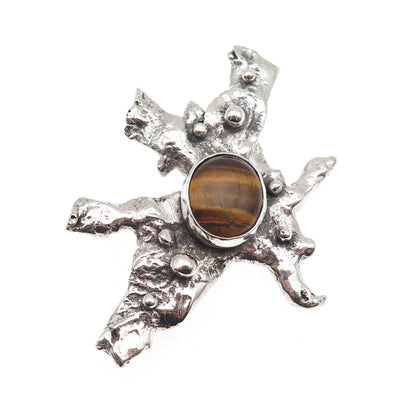 925 Sterling Silver Vintage Real Tiger Eye Modernist Oxidized Pin Brooch