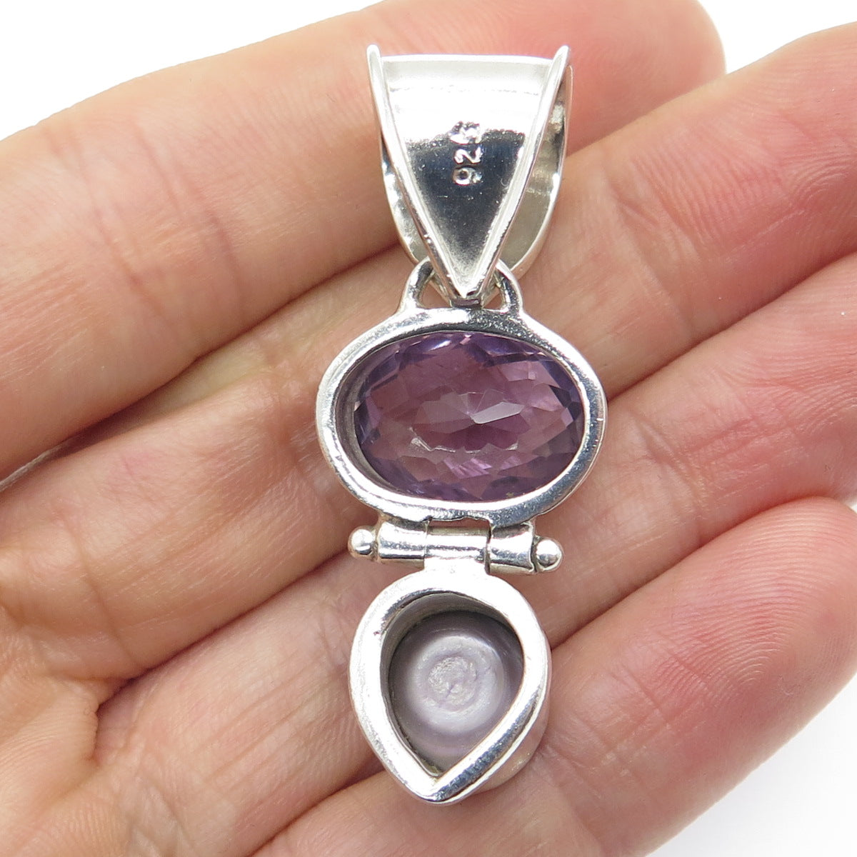 925 Sterling Silver Vintage Real Abalone Shell & Amethyst Gemstone Pendant