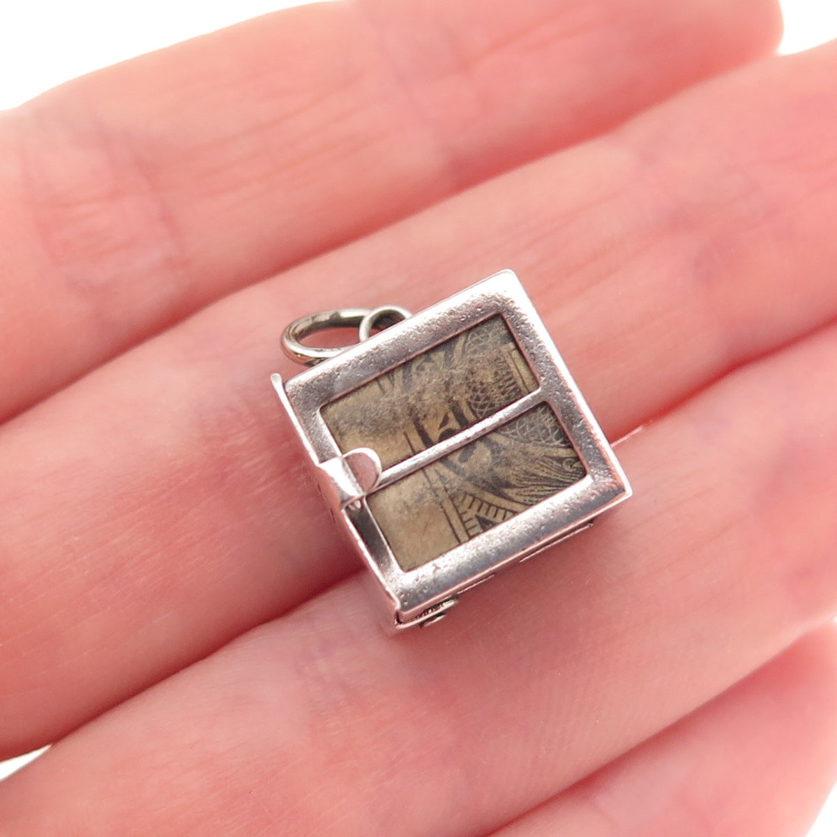 925 Sterling Silver Antique Art Deco One Dollar Bill Box Good Luck Mini Pendant