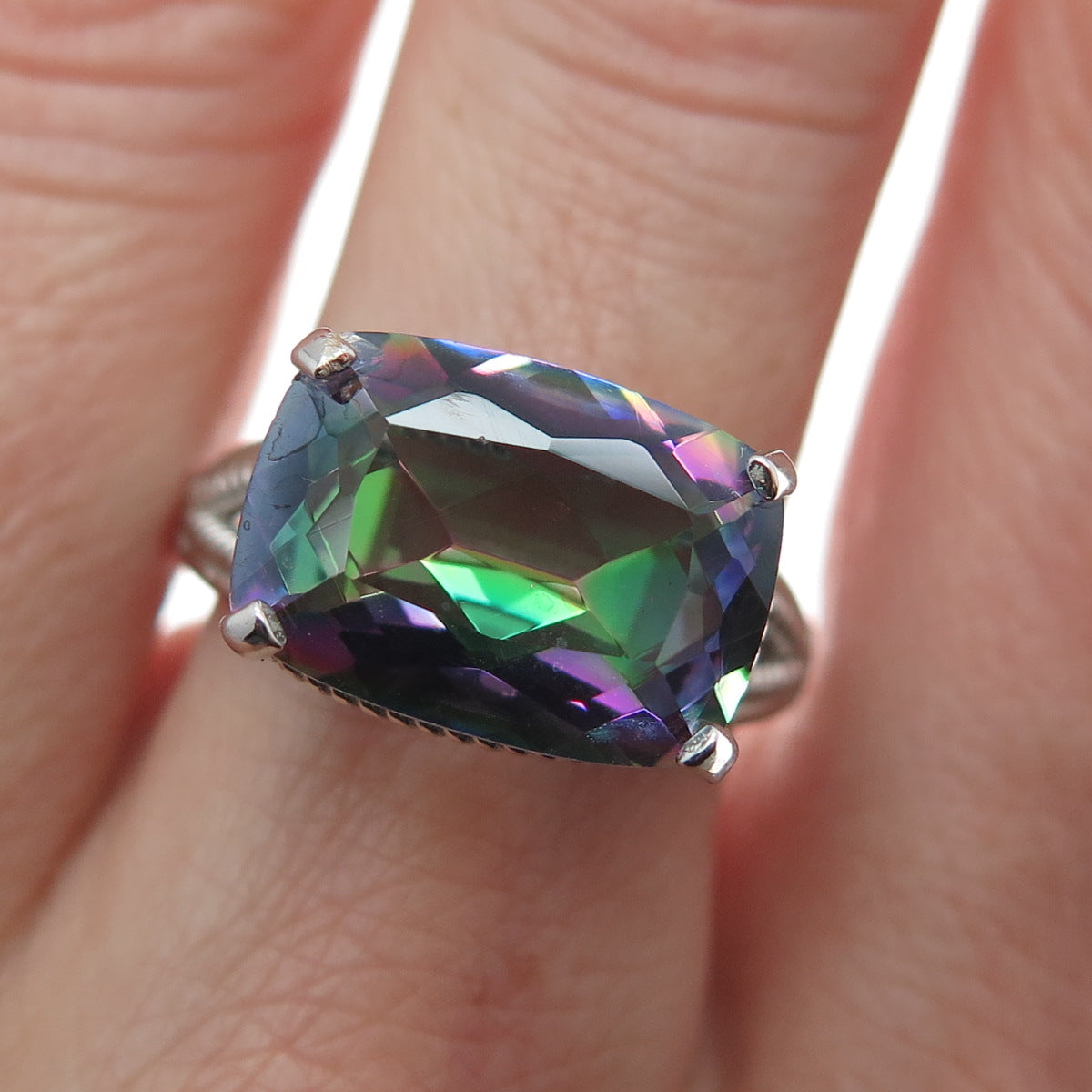 925 Sterling Silver Real Mystic Quartz Roped Bezel Ring Size 7.25