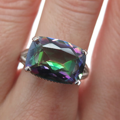 925 Sterling Silver Real Mystic Quartz Roped Bezel Ring Size 7.25