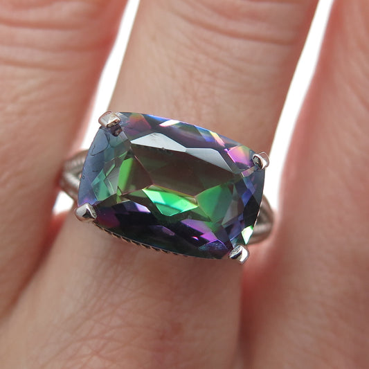925 Sterling Silver Real Mystic Quartz Roped Bezel Ring Size 7.25