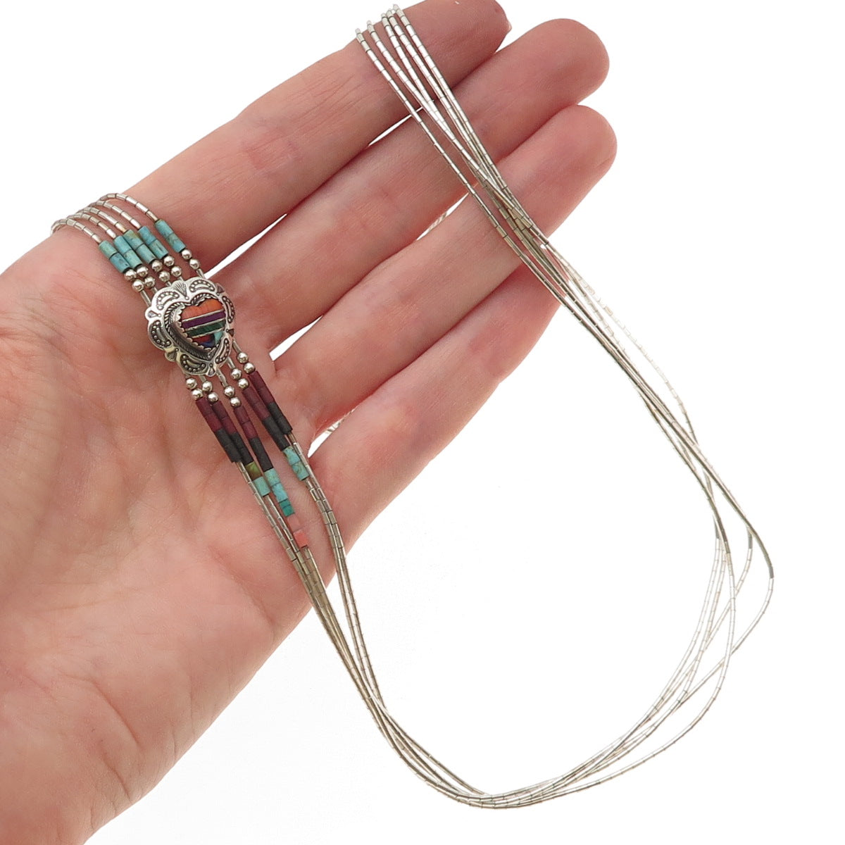 Old Pawn 925 Sterling Vintage Multi-Gem Heart 5-Strand Liquid Chain Necklace 24"